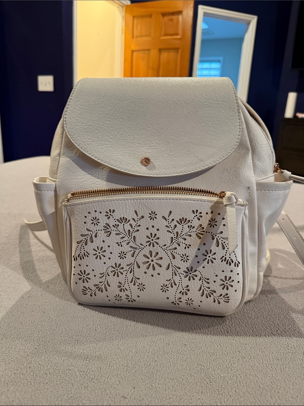 LC Lauren Conrad Kate Flap mini Backpack in Pearl w/Floral Laser-Cut
